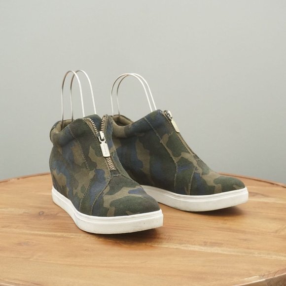 Blondo Womens Glenda Sneakers Hidden Wedge Green Suede Camouflage Sz 8.5M - Picture 1 of 11